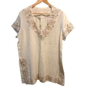 Florabella Linen Embroidered Kaftan Tunic Top L Beige Beach Boho Sequins Blouse